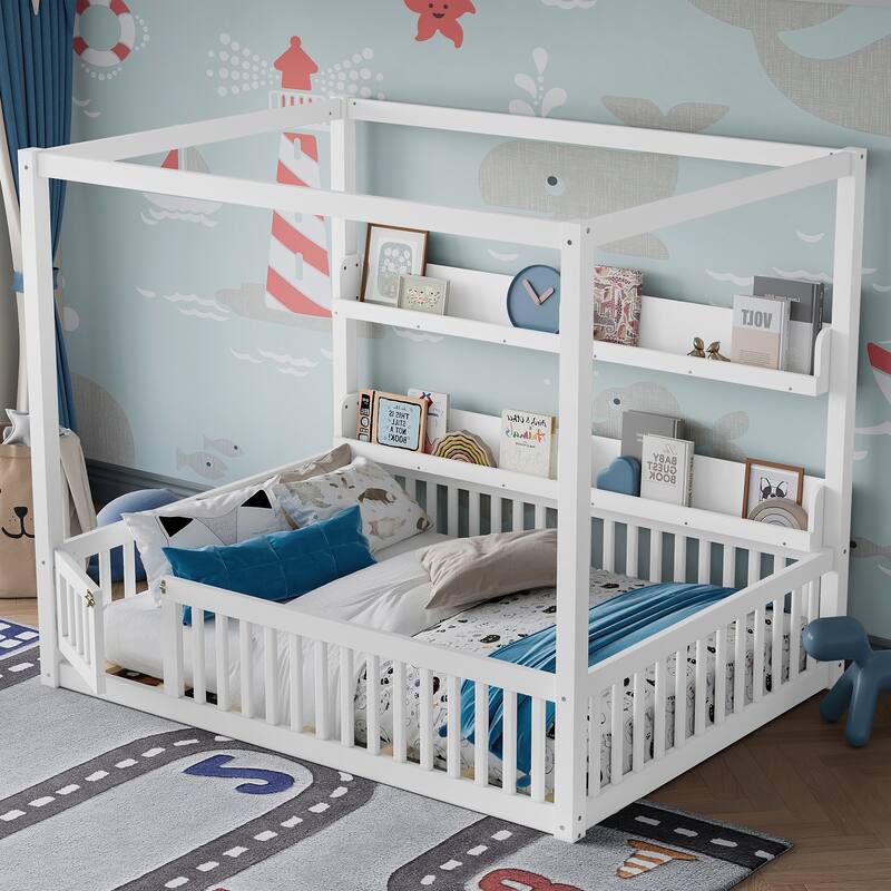 Montessori-Inspired Design Canopy Bed Kids Solid Wood Floor Bed Frame with Built-in Storage Shelves and Child-Safe Guardrails