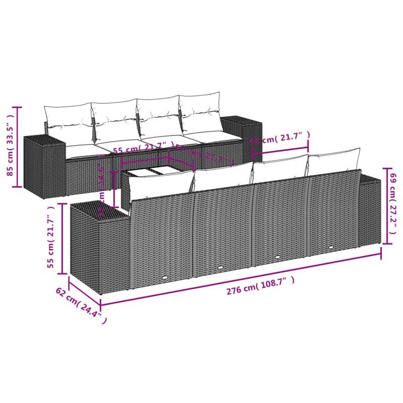 vidaXL Patio Sofa Set with Cushions Outdoor Furniture 9 Piece Poly Rattan - 21.7 x 21.7 x 14.6