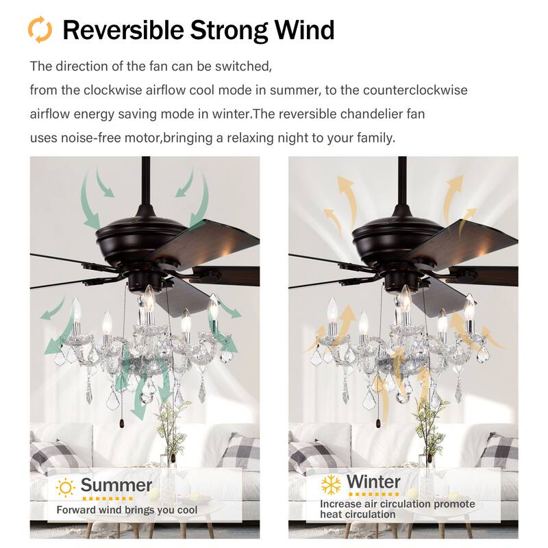 2-in-1 Ceiling Fan with Crystal Chandelier & 3-Speed Reversible Motor, Dual Finish Blades, Timer Function