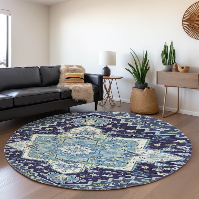 Premium Washable Super Soft Traditional Oriental Mayfield Rug - Navy - 8' x 8'