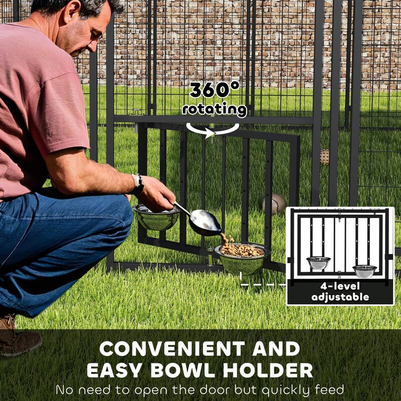 PawHut 9.8' x 9.8' x 6.8' Outdoor Dog Kennel, Welded Wire Heavy Duty Dog Run with 360° Rotating & 4 Level Adjustable Bowls