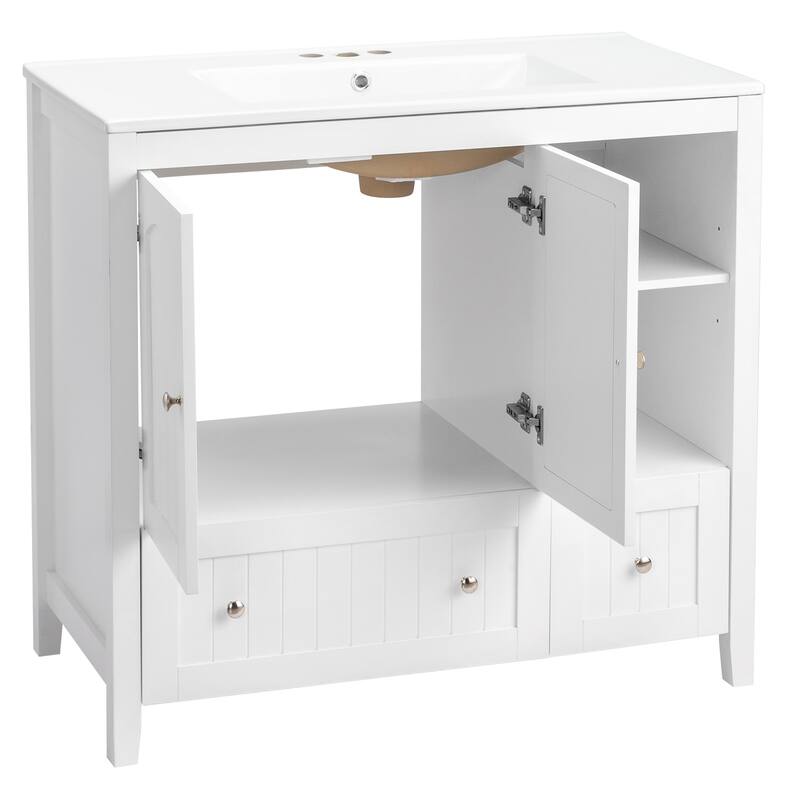 Modern Lacquered Bathroom Organizer Cabinet with Two Drawers and Dual Doors for Storage - 35.82”(H) x 18.11(W) x 32.28 (D)