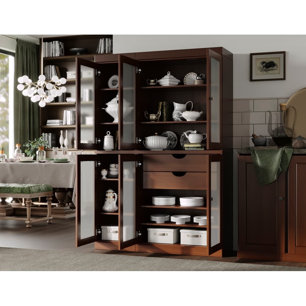 100% Solid Wood 48.5" Pantry Cabinet with Frosted Glass Doors and 2-Drawers