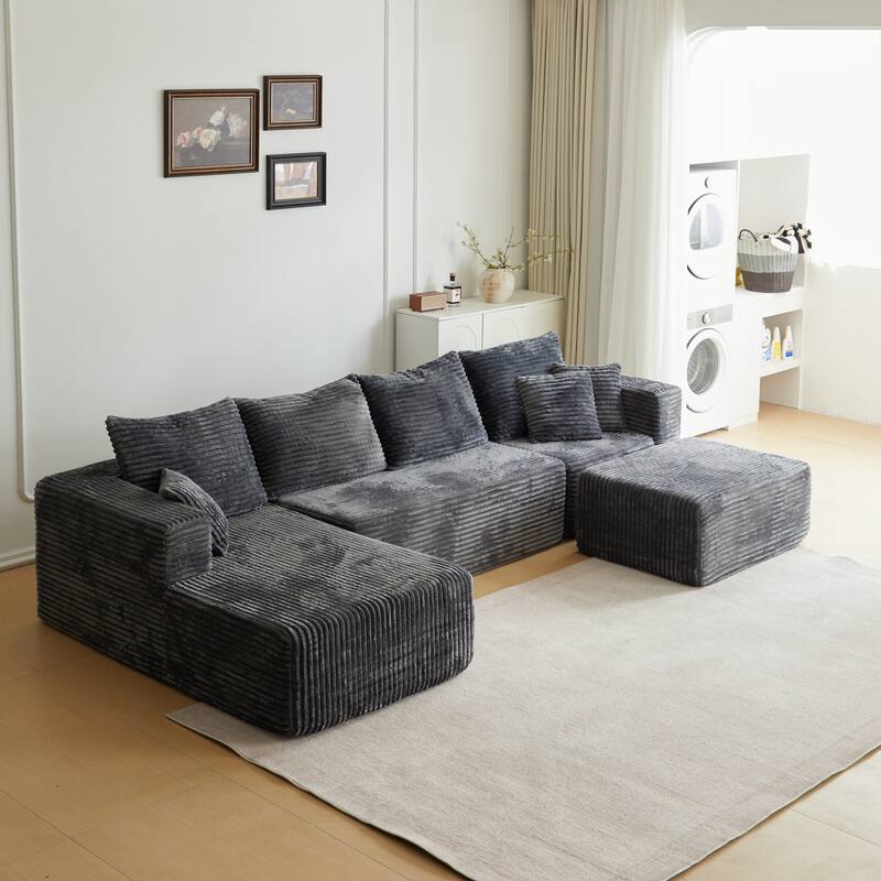 Corduroy Modular Sectional Sofa with Ottoman, U Shaped Upholstered Couch