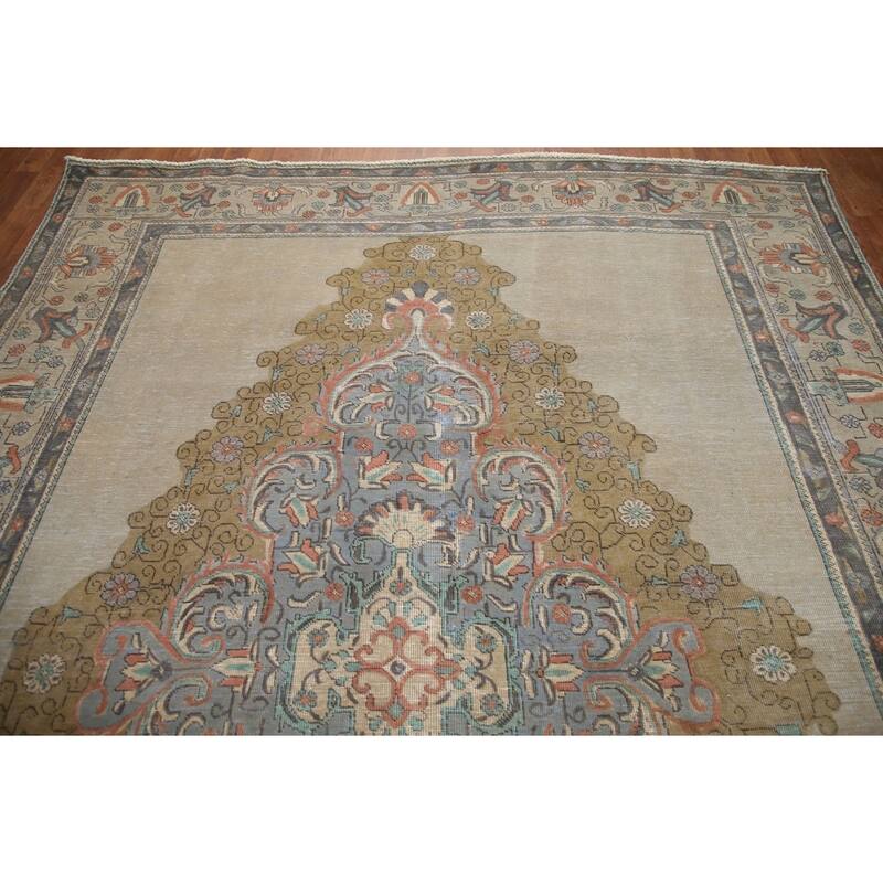 Hand Knotted Oriental 100% Wool Carpet Traditional Medallion Beige & Ivories Tabriz Area Rug - 10' 6'' X 7' 11''