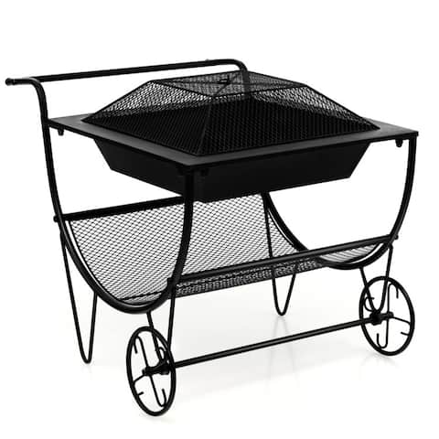 Outdoor Wood Burning Fire Pit with Log Storage Rack and Wheels - Black - 30" x 23" x 22" (L x W x H)