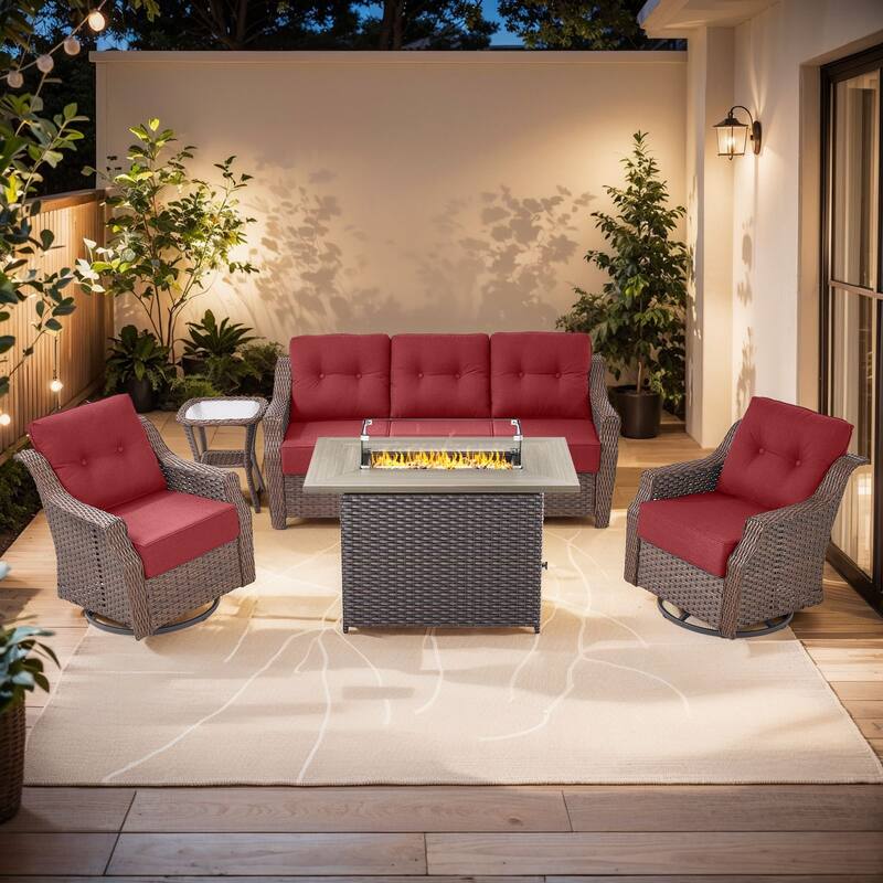 Outdoor Furniture Set with Propane Gas Fire Pit Table - Brown Wicker & Red Cushion - 5-Piece Sofa Chair with Rectangle Fire Table
