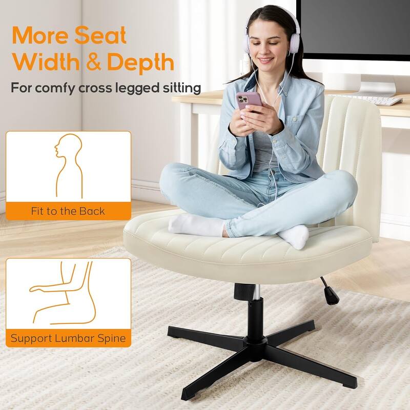 Home Office Desk Chair Criss Cross Legged Office, Wide Comfty Desk, Wheels Armless Computer Task, Swivel Vanity Home Chair