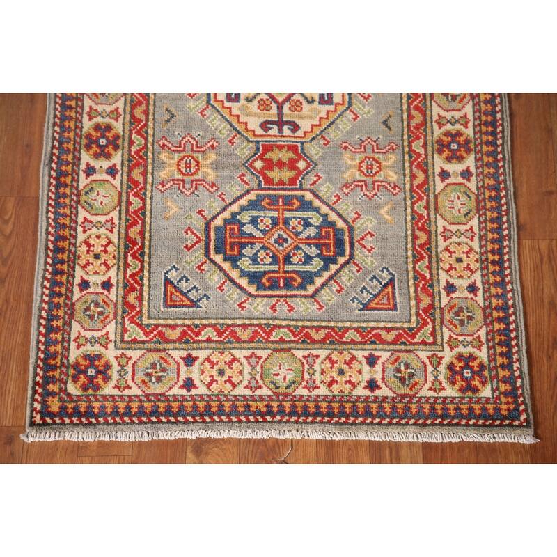 Geometric Kazak Oriental Accent Rug Handmade Grey Wool Carpet - 2'8" x 4'2"