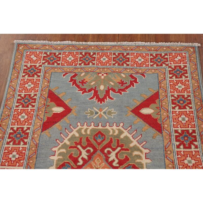 Geometric Kazak Accent Rug Hand-Knotted Oriental Blue Wool Carpet - 3'3"x 5'0"