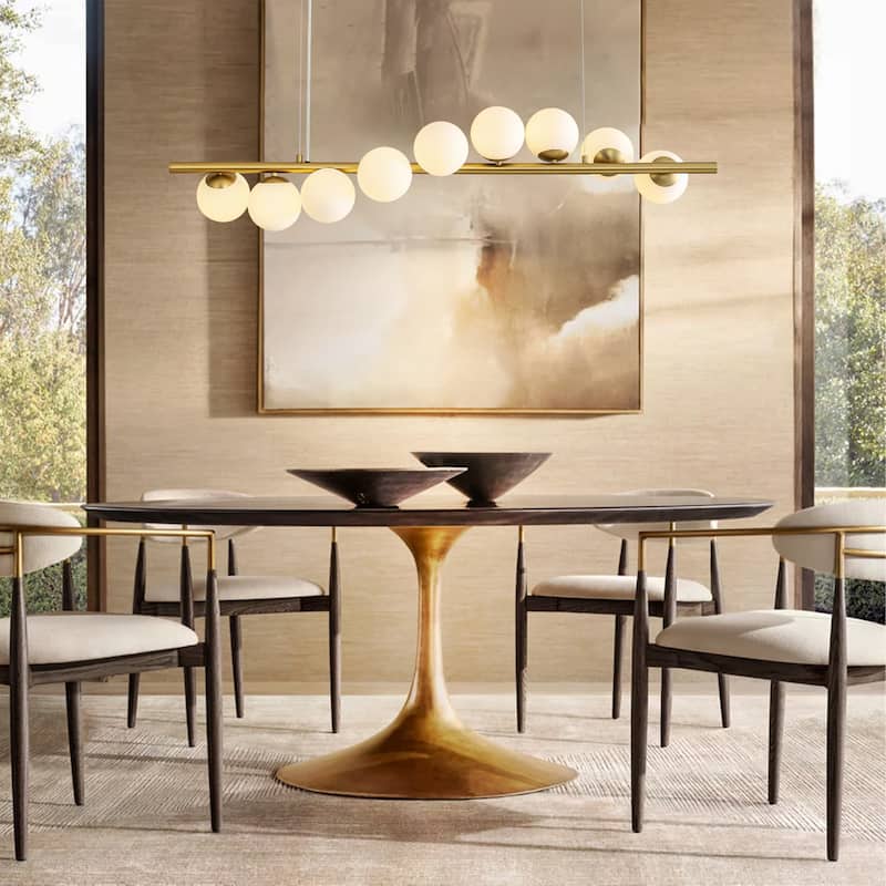 9-Light Modern Linear Cluster Frosted Glass Globe Chandelier in Gold Finish, Dining Room Light