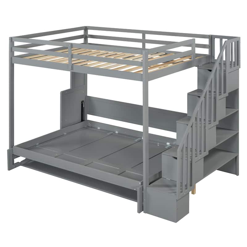 Full Over Full Size Murphy Bunk Bed Convertible Loft Bed with Hydraulic Lift, Hidden Desk and Storage Stairs for Kids