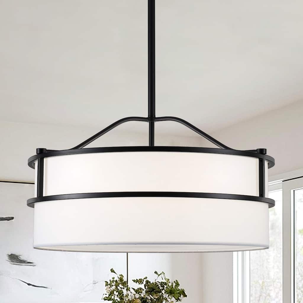 Modern 2-Tier Drum Pendant Light with White Fabric Shade for Dining Room