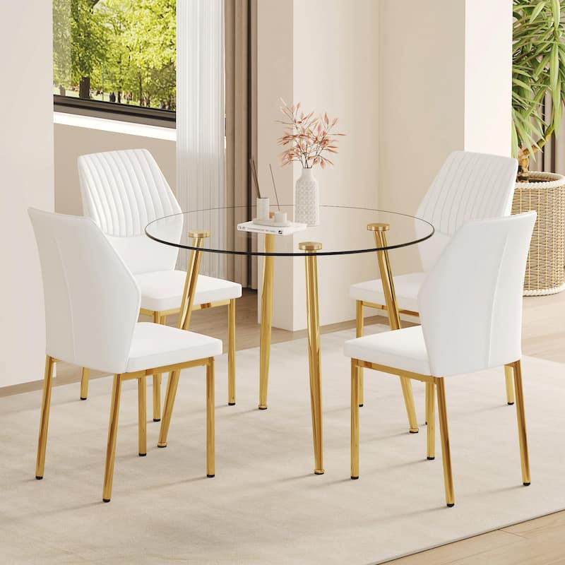 5-Piece Small Dining Table Set for 4, Modern Round Glass Table with 4 Faux Leather Dining Chairs for Small Spaces