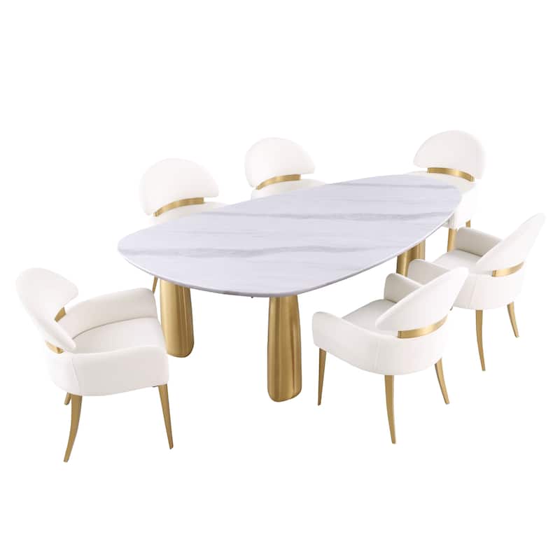 Furniture of America Luvien Modern 7-Piece White Sintered Stone Top Oval Dining Table Set