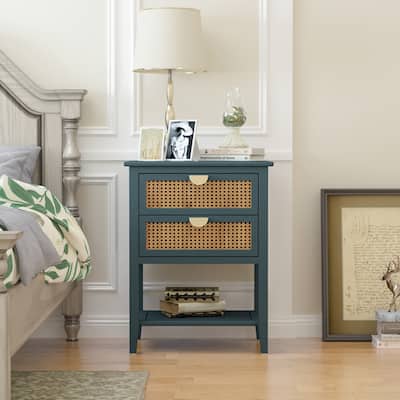 2-Drawer Naturel Rattan Side Table,End Table, Nightstands
