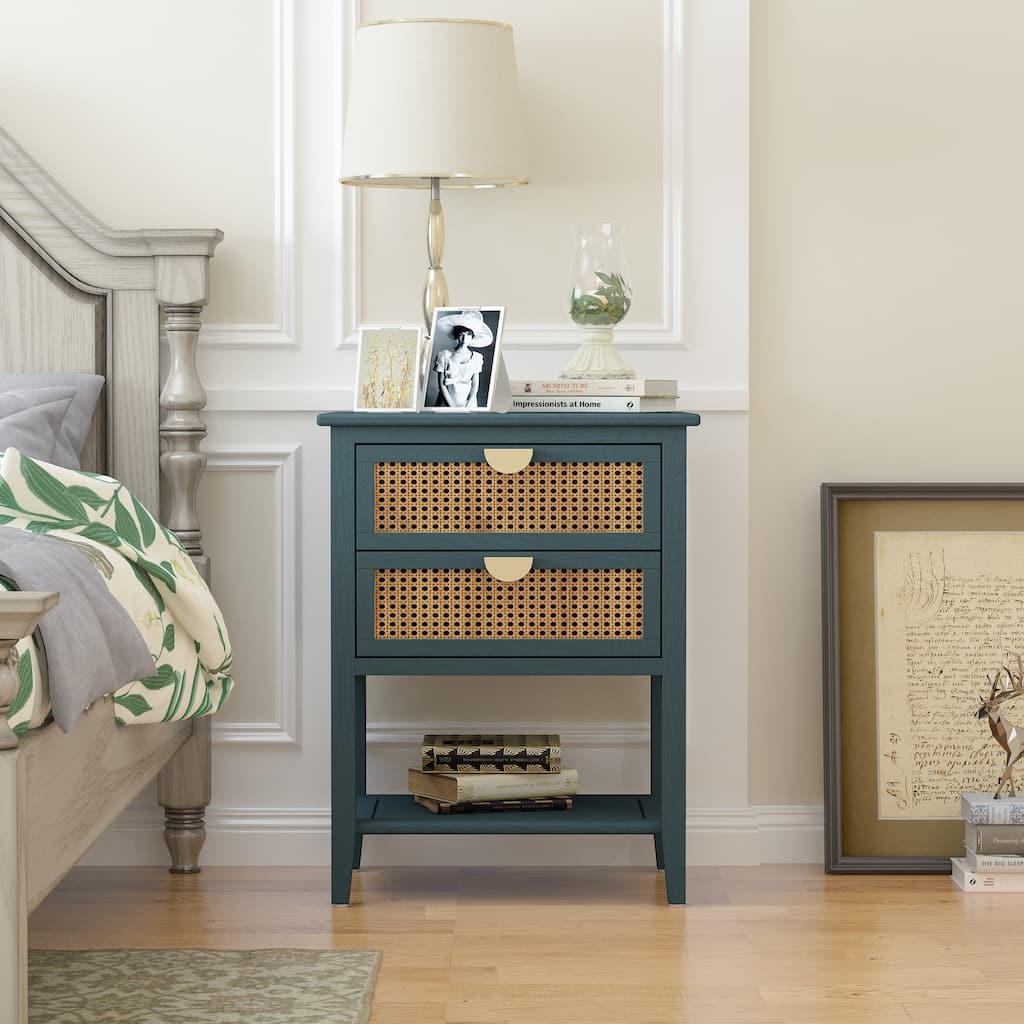 2-Drawer Naturel Rattan Side Table,End Table, Nightstands
