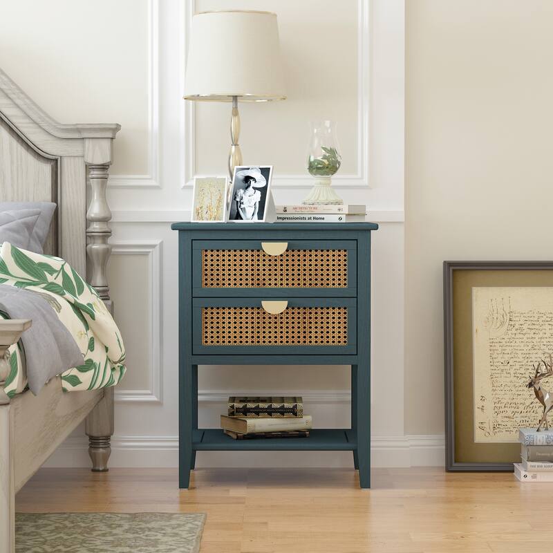 2 Drawer Side table, Naturel Rattan, End table, Suitable for bedroom, living room, study - Green