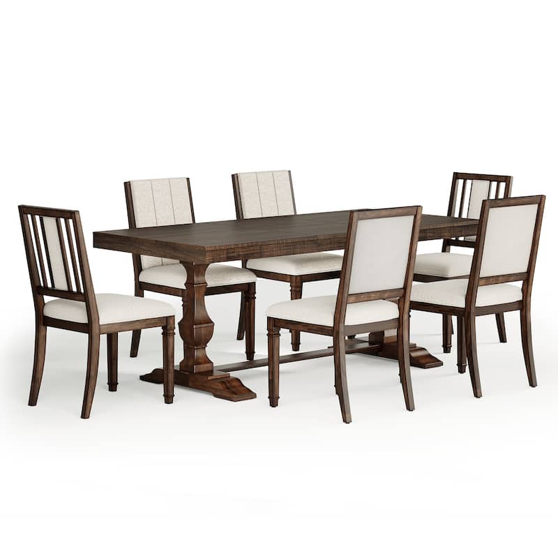 7-pieces Farmhouse Dining Table Set for 6, 74.8" Kitchen Table with Chairs, Solid Wood Legs and Upholstered Back