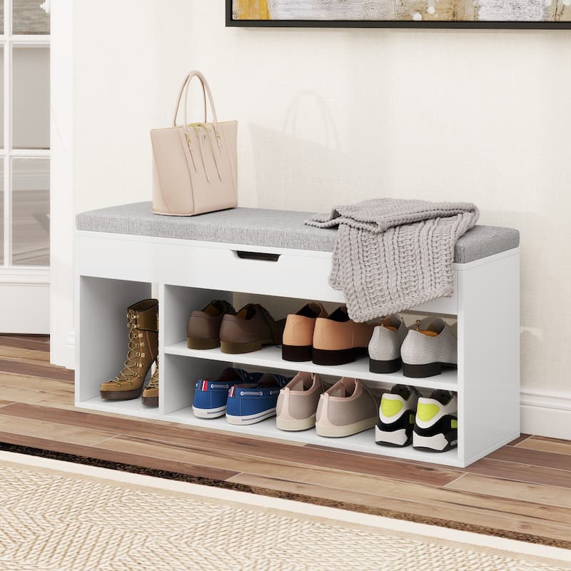 Gymax Shoe Bench Home Entryway Shoes Storage Bench w/ Padded Seat &