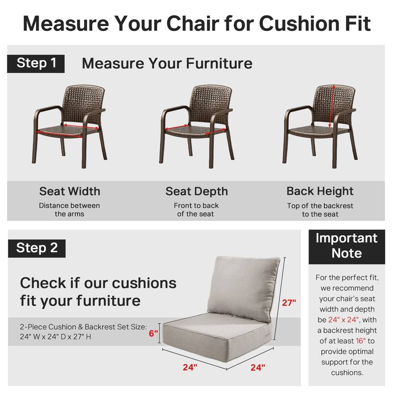 24" W x 24" D x 6" T Water & Fade Resistant Outdoor Lounge Chair Replacement Cushion Set