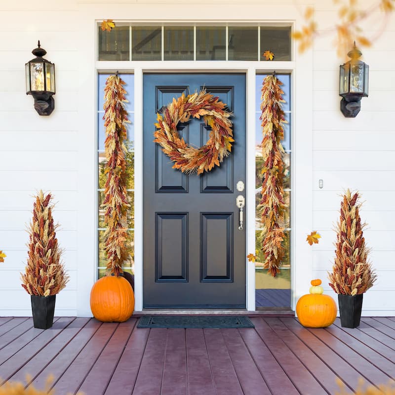 Glitzhome 5-Piece Fall Multi-Colored Sorghum Sunflower Pumpkin Wreath & Garland & Porch Tree Set - Red
