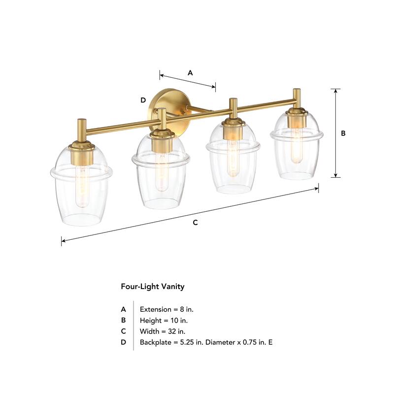 Summer Jazz 32 in. 4-Light Brushed Gold Vanity Light with Clear Glass Shades for Bathrooms