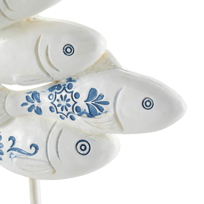 White Polystone Fish Decorative Sculpture with Blue Floral Patterns and Stand