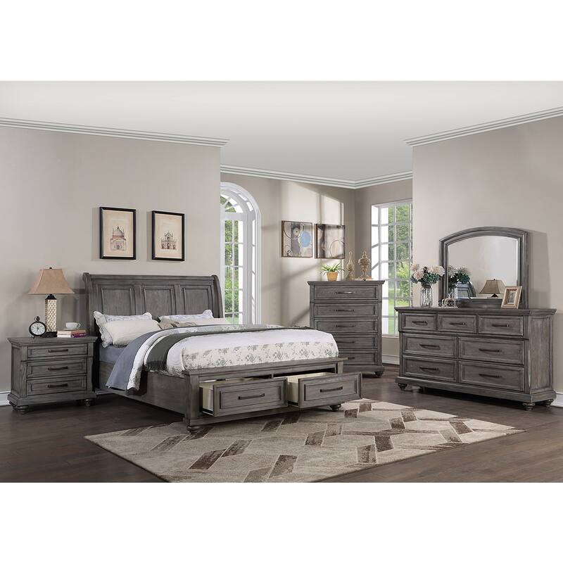 Sleigh Storage Bed with 2 Underbed Drawers in Antique Grey Oak