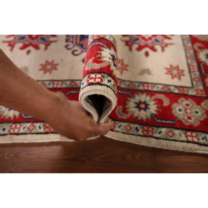 Ivory Geometric Kazak Accent Rug Hand-Knotted Wool Carpet - 2'10" x 3'10"