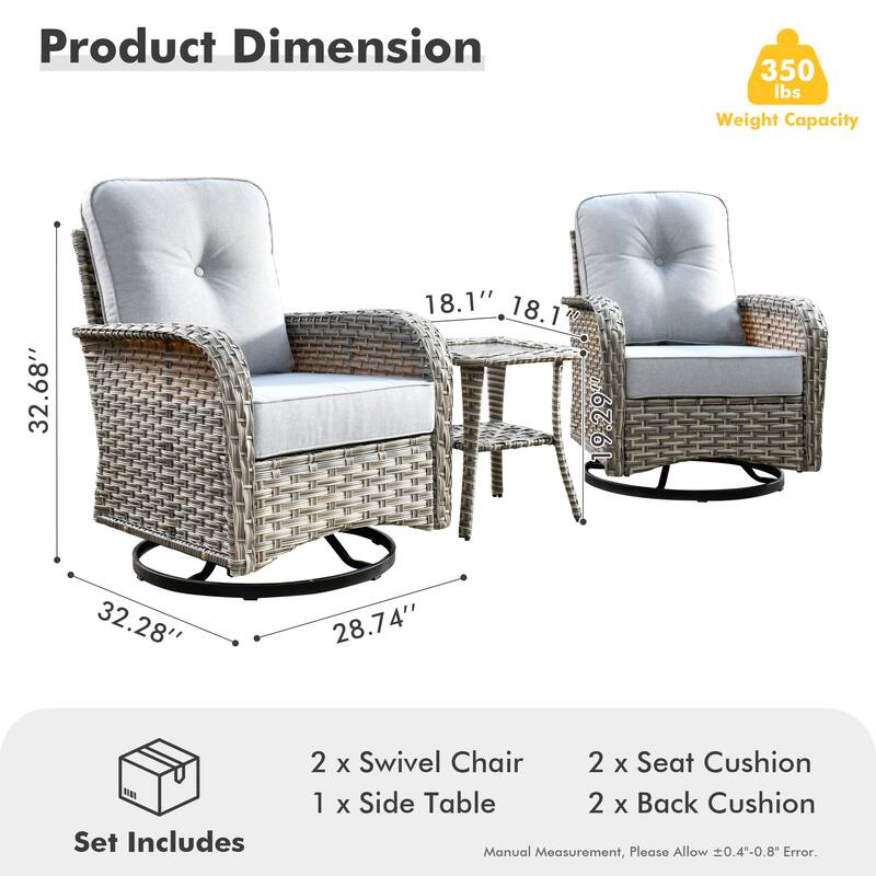 HOOOWOOO 3-piece Outdoor Patio Wicker Rattan High Back Swivel Chair Set