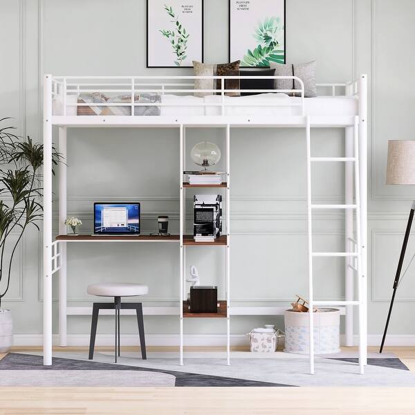 slide 2 of 14, Twin Size Metal Loft Bed with Desk & Shelves - Safe & Space-Saving Design White - Twin