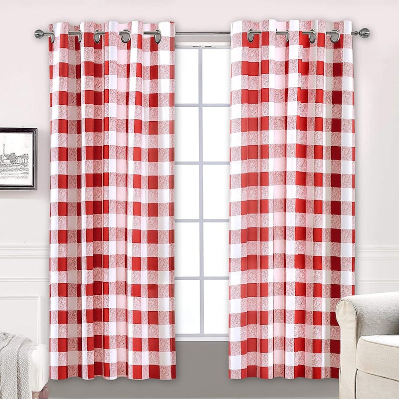 Porch & Den Alfalfa Plaid Pattern Room-darkening Window Curtains - 52" width X 63 " length - Red
