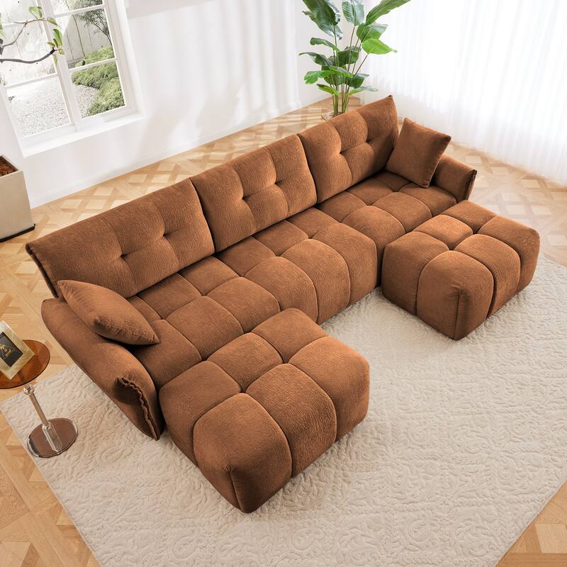 Modular 4-Seat Chenille Sofa Set with 2 Ottomans, High-Resilience Cushions and Solid Wood Frame