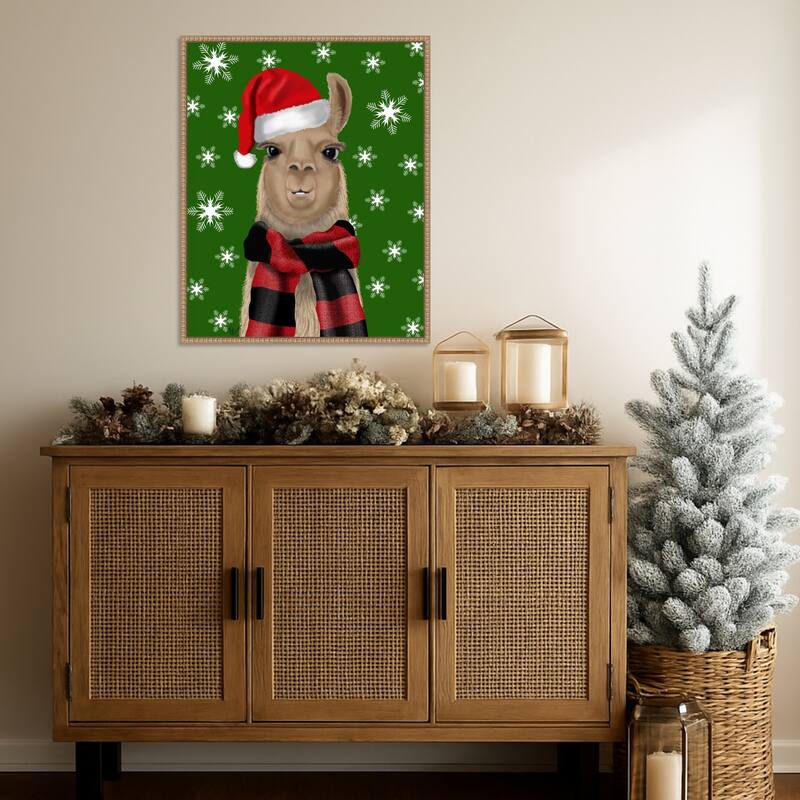 Llama Christmas Hat by Fab Funky (23 x 28 in.), Framed Canvas Wall Art Print - Sylvie Beaded Rustic Natural