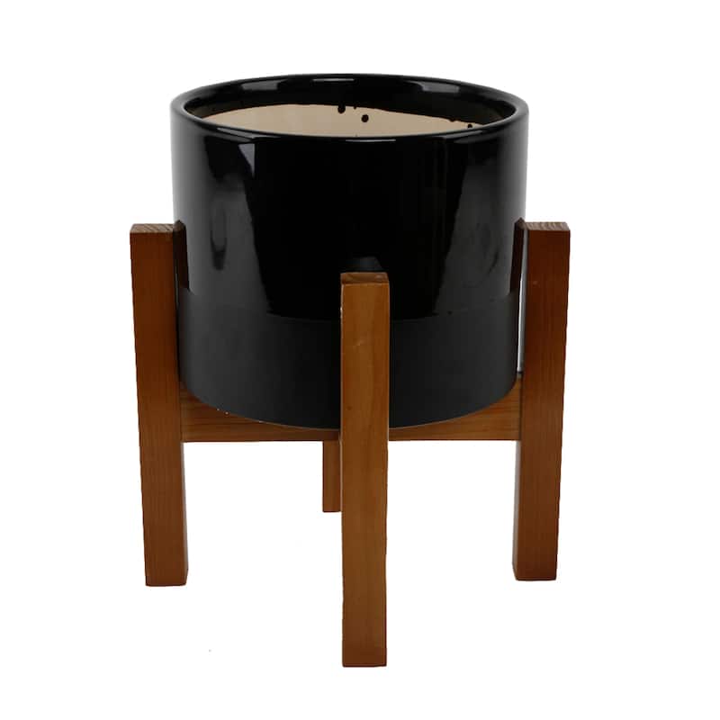 MID-CENTURY 8" Large 2-Tone Ceramic Plant Pot on Wood Stand