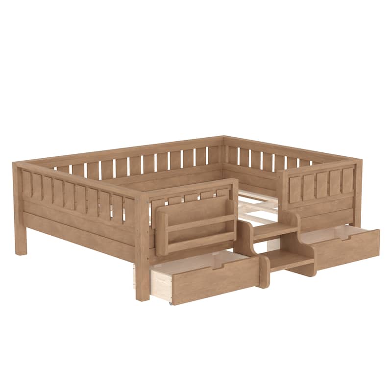 Multiple Colors Toddler Montessori Bed Children's Platform Bed with Low Profile Stairs, Built-in Bookshelf and Storage Drawers