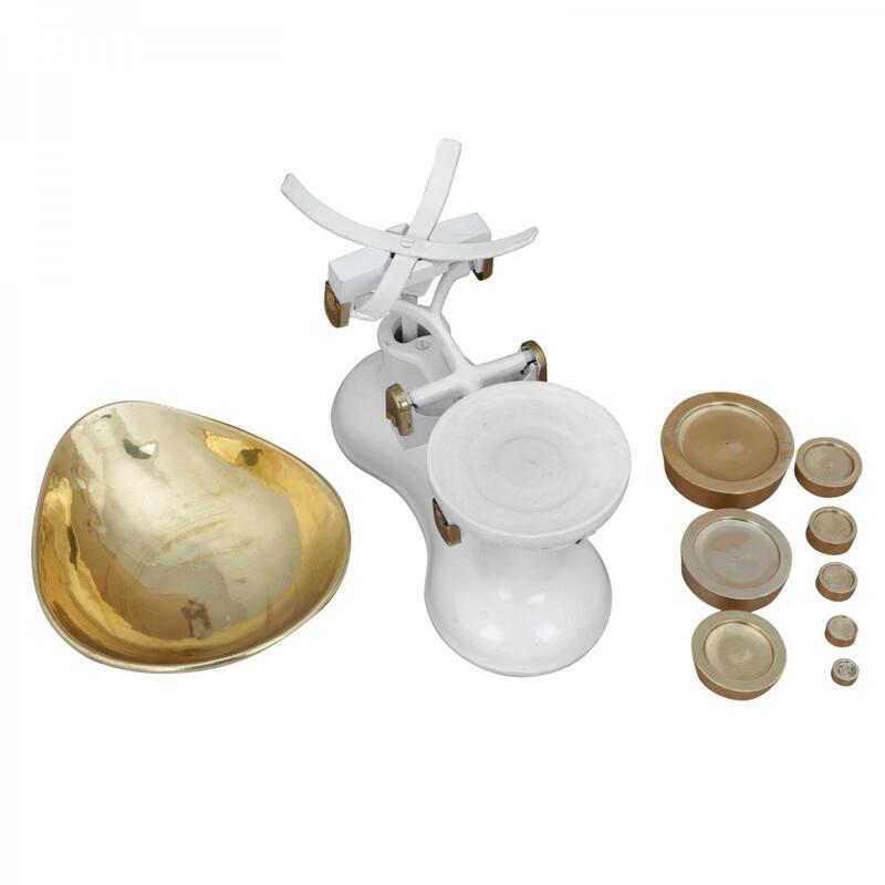 Antique Kitchen Decor Counter Weight Scale with Brass Bowl and Counter Weights For Decoration Purposes Renovators Supply - White