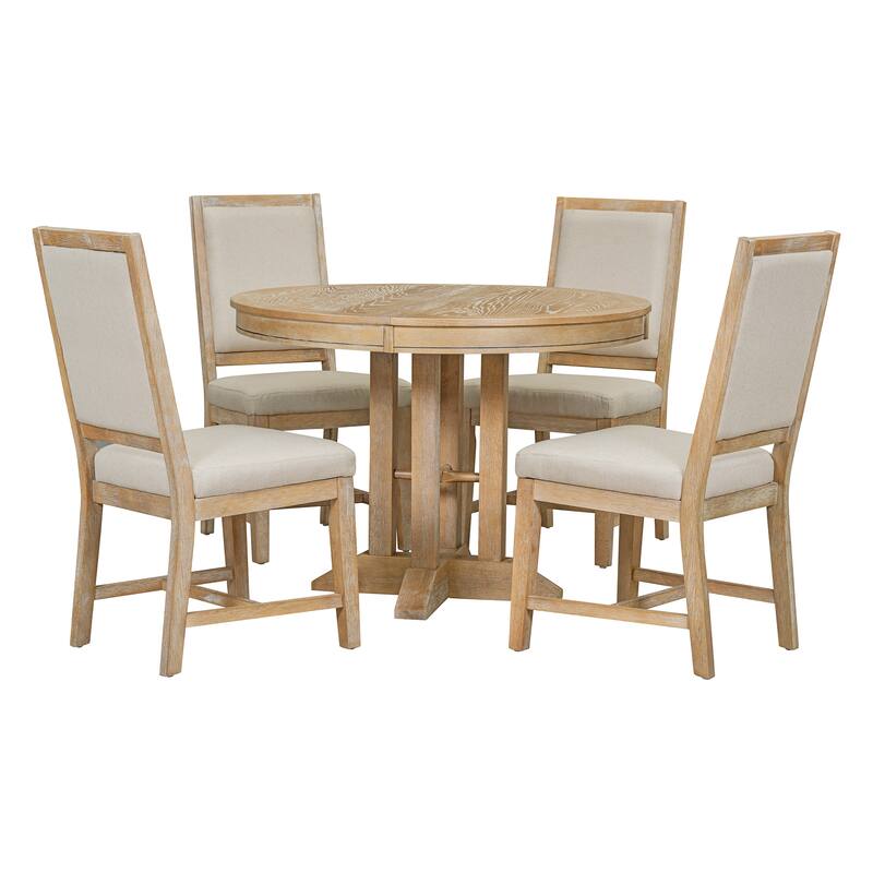 5 Pcs Wood Kitchen Furniture Set, Extendable Round Dining Table Set with Removable Leaf and 4 Upholstered Chairs