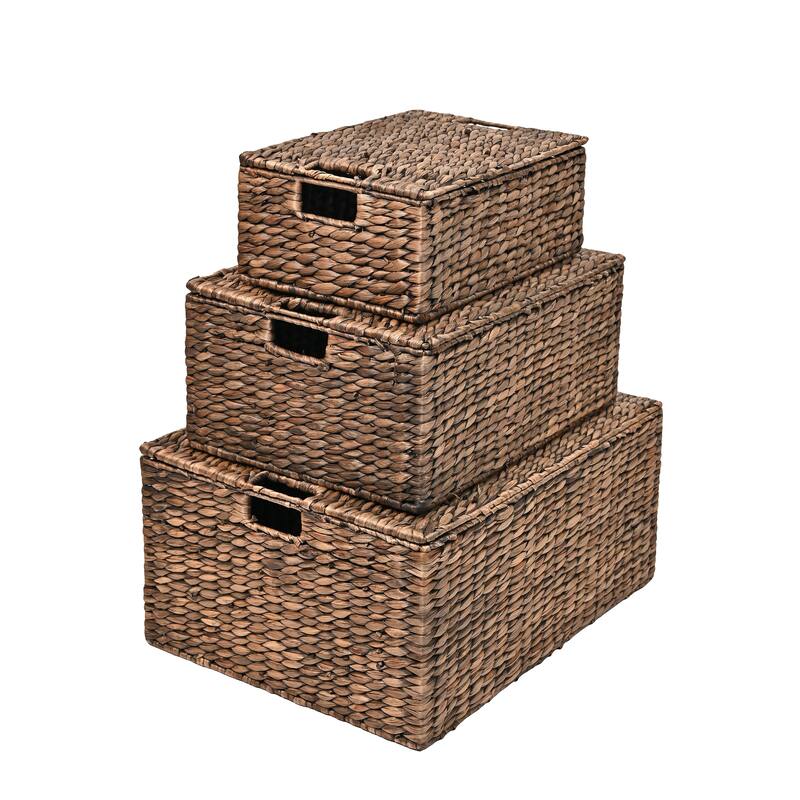 Woven Rectangular Storage Baskets with Lids & Handles (Set of 3)