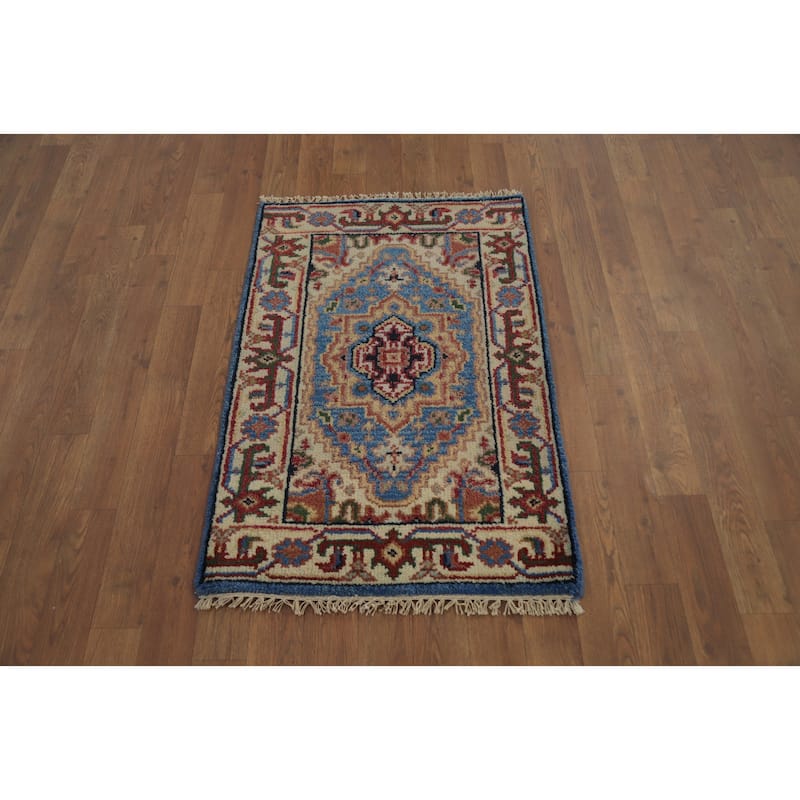 Hand Knotted Oriental 100% Wool Carpet Traditional Medallion Navy Blue & Blues Heriz (serapi) Area Rug - 3' 0'' X 2' 0''