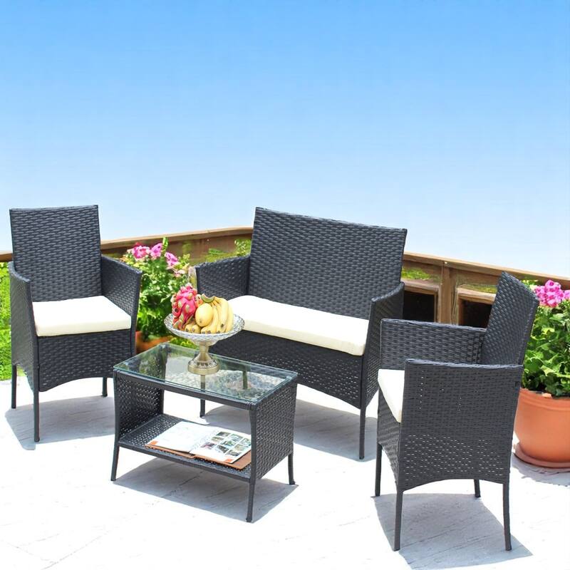 Outdoor Wicker Patio Furniture Set with Loveseat, Armchairs, and Table -Outdoor Patio Cushioned Seat Wicker Sofa