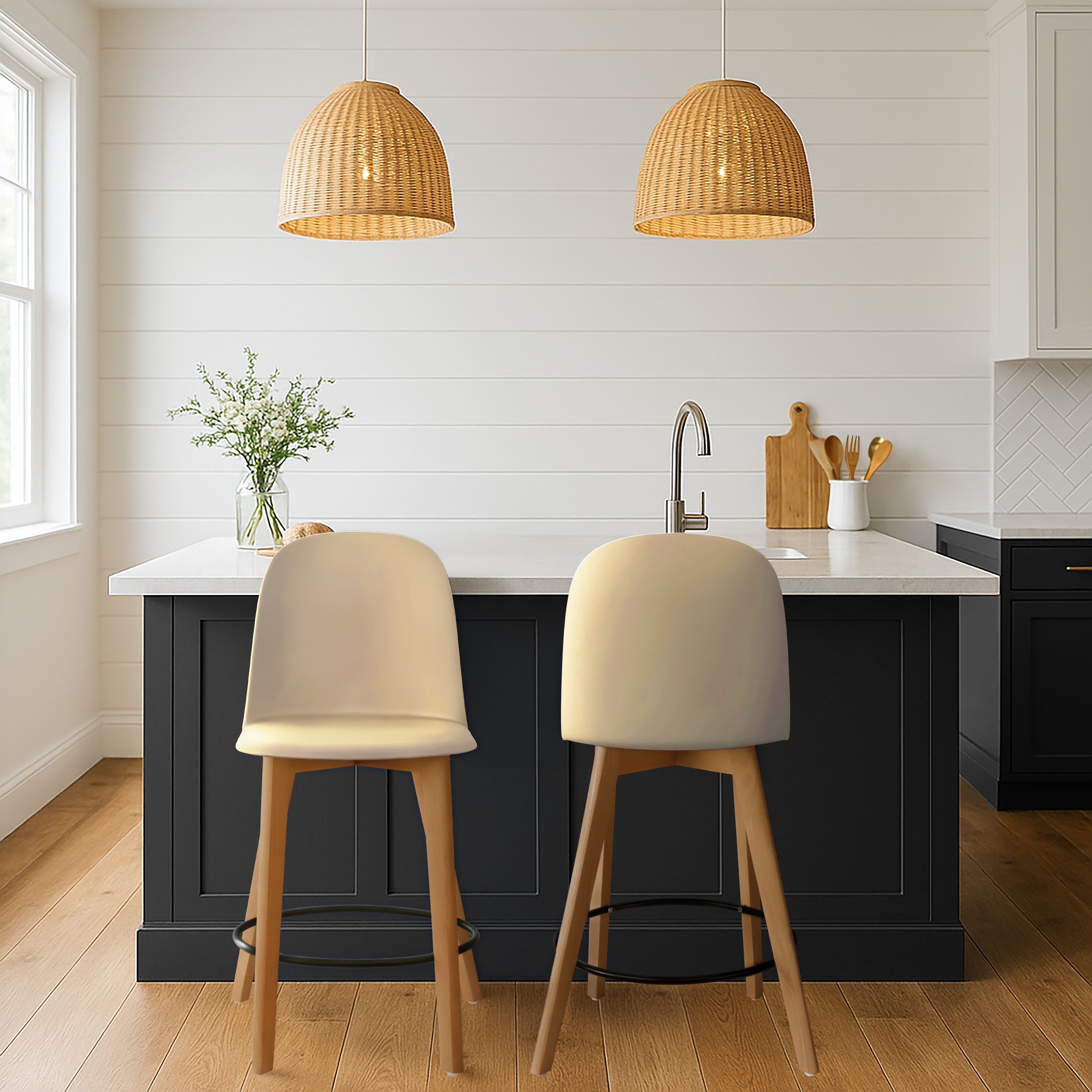Set of 2 Designer Plastic Counter Stools Chair With Backs Side Armless Molded Kitchen Dining Bar Patio Indoor Outdoor Cafe