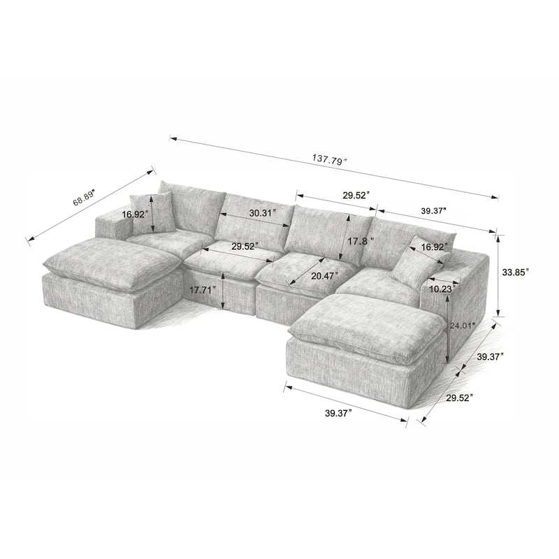 U-Shaped Sectional Sofa with 2 Ottomans, Oversized Chenille Upholstered Cloud Sofa, Deep Seat Sofa with Pillows