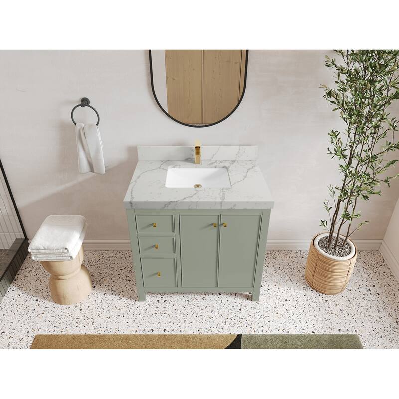 Willow Collections 36 in. W x 22 in. D Chicago Center Sink Right Bathroom Vanity with Countertop - 2”Venatino - Evergreen