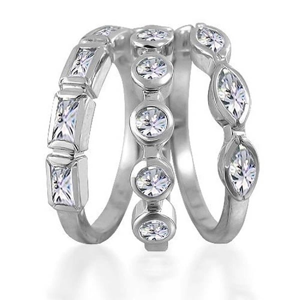 Buy For Less Clear Cubic Zirconia Inlay Tri Tone Stackable Band Ring Plated Sterling Silver