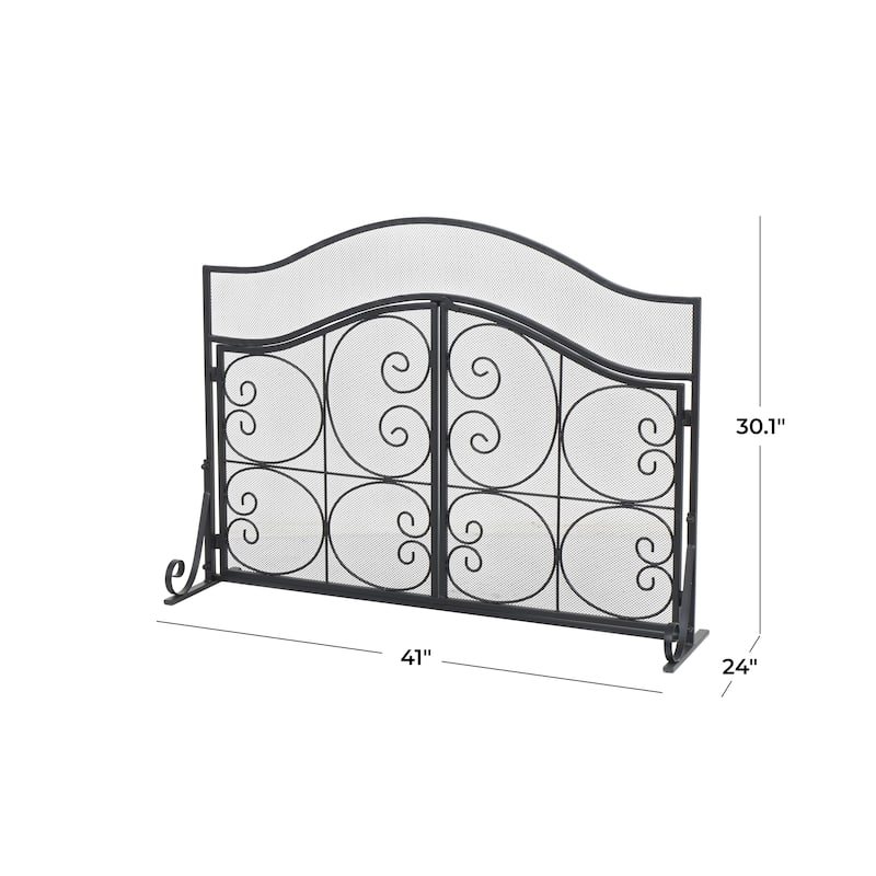 Metal Scroll Arched 1 Panel 2 Door Fireplace Screen with Mesh Backing - Black - Roche River Decor