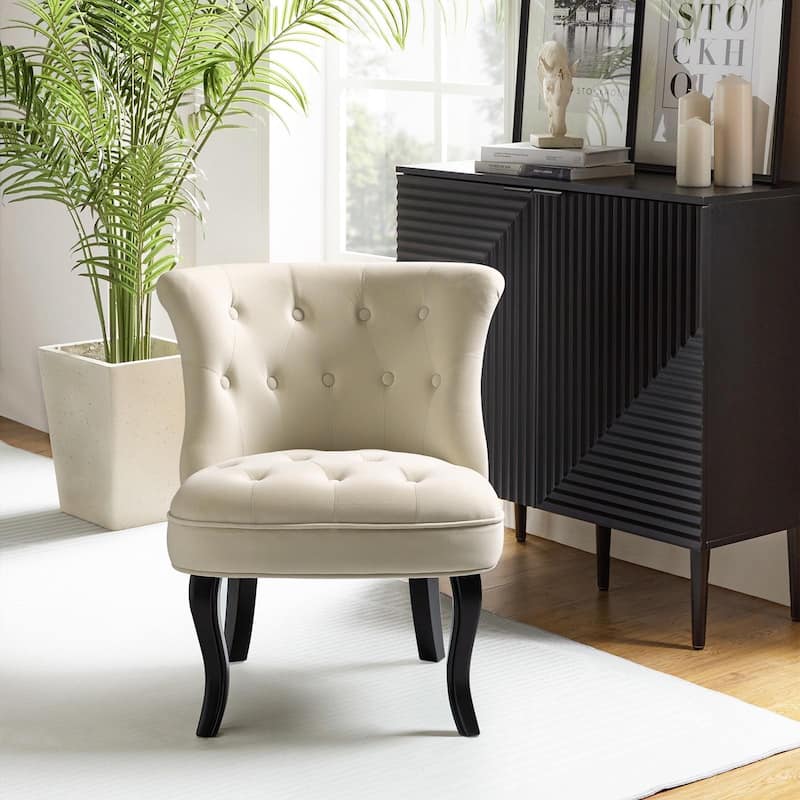 Paolino 25.1" Wide Traditional Velvet Button-tufted Back Stools with Wood Legs by HULALA HOME - Tan