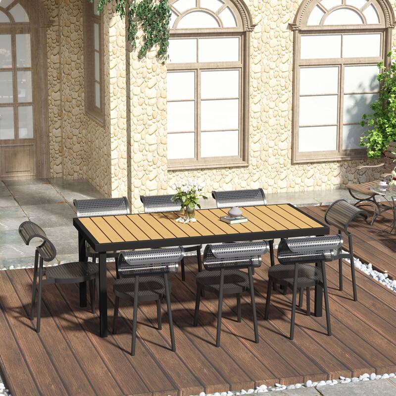 Outsunny Patio Dining Table for 8, Rectangular Aluminum Outdoor Table for Garden Lawn Backyard - Natural Wood