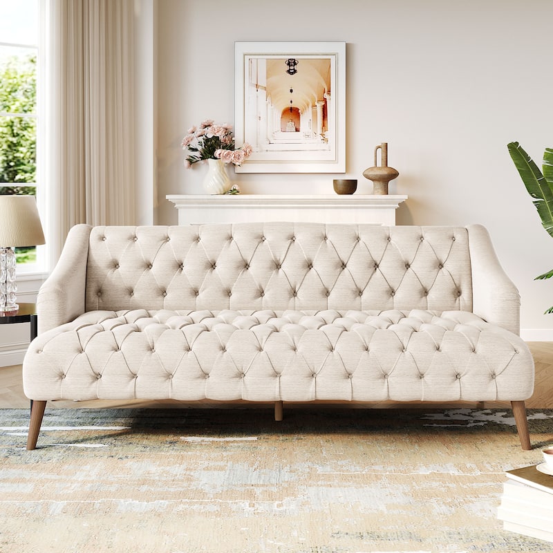 Adelia Modern 3-seat Tufted Fabric Sofa by Christopher Knight Home - Beige + Natural Finish